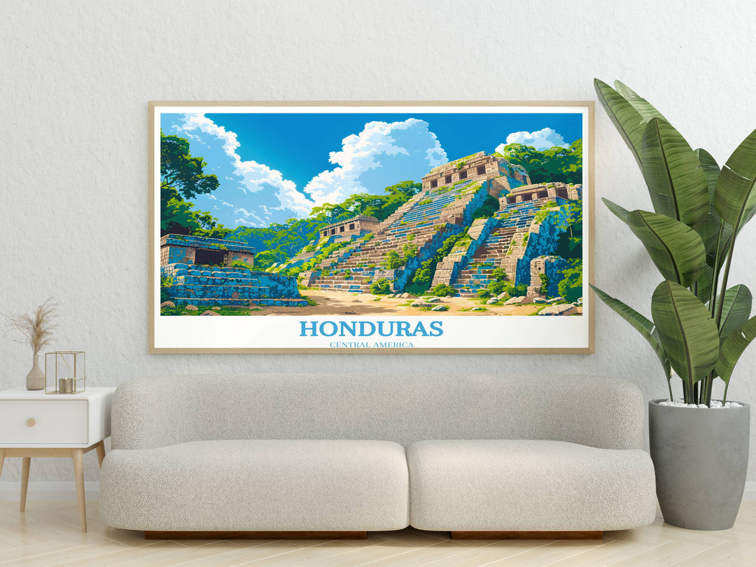 Dynamic Hondura travel poster featuring the colorful streets and lively atmosphere of Tegucigalpa, Honduras capital city.