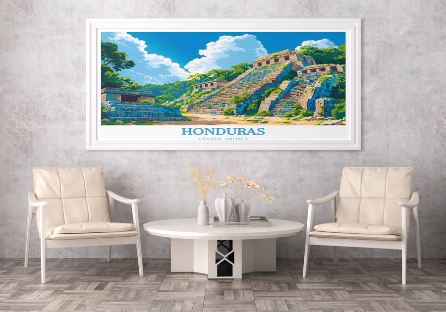 Artistic Honduras wall art showcasing a modern abstract interpretation of the Honduran flag, with bold colors and geometric shapes.