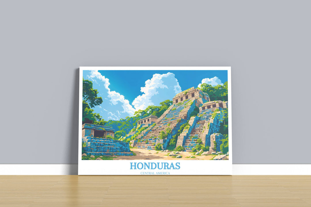 Captivating Honduras poster featuring a panoramic view of the Honduran coastline, highlighting its diverse landscapes and coastal beauty.