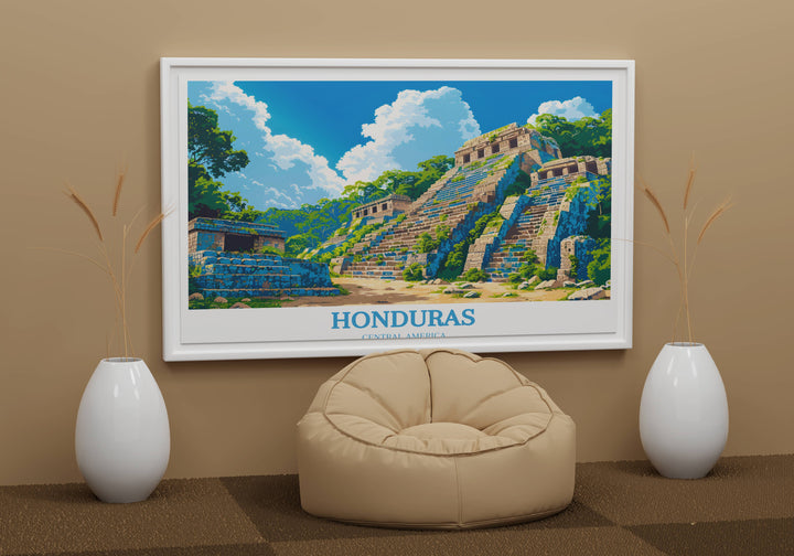 Tranquil Hondura art print capturing a peaceful sunset over the Honduran mountains, with warm hues and soft, glowing light.