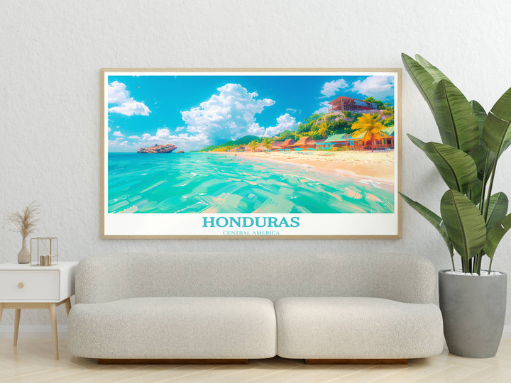 Lively travel poster of Honduras depicting traditional boats and beach-goers enjoying the sunny ambiance at West Bay.