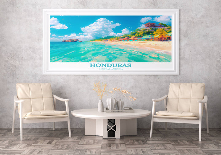 Striking aerial photo print of Roatan, highlighting expansive coral reefs and turquoise seas, great for a modern look.