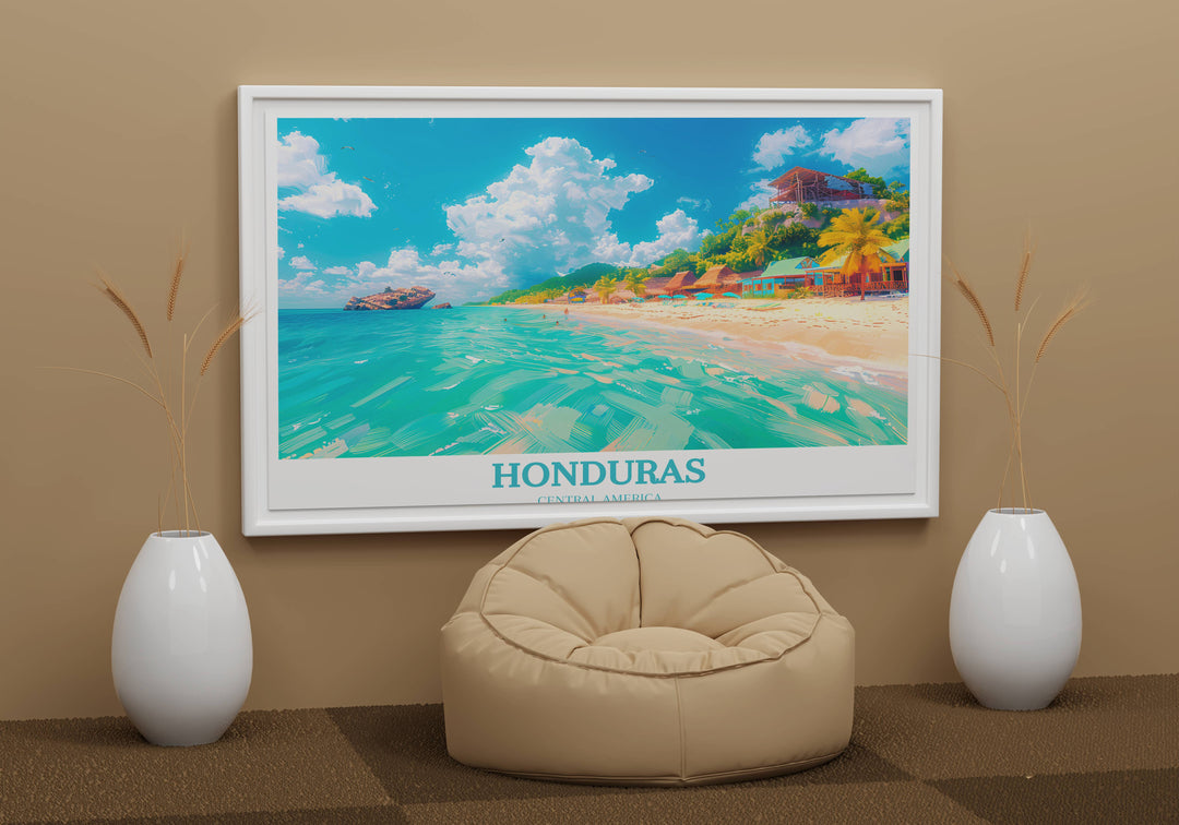 Colorful art print showcasing the vibrant tropical plants and local wildlife of Roatan, adding a pop of color to any space.