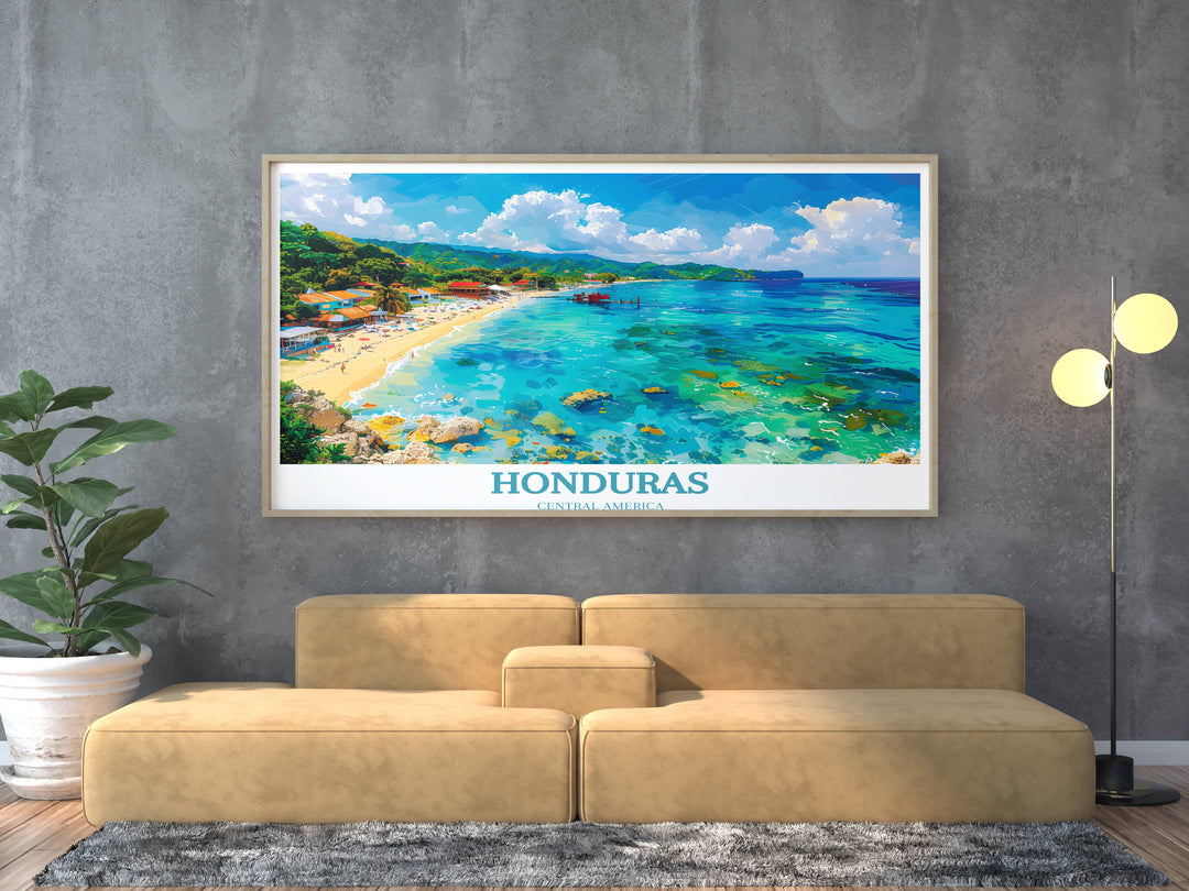 Captivating aerial view print of Roatan Island, showcasing the rich blues of the sea intertwined with vibrant coral reefs.