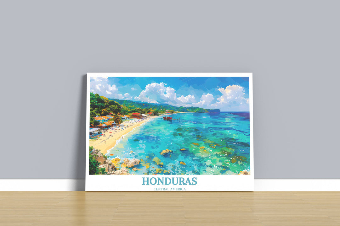 Colorful print of Roatans diverse flora and fauna, bringing the tropical wildlife of Honduras into your living space.