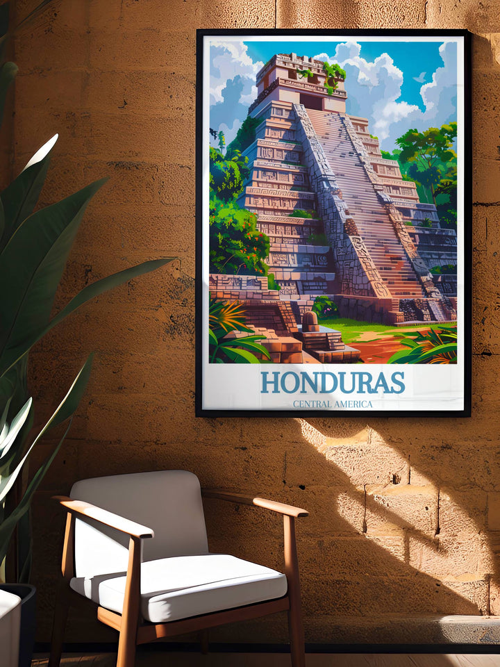 An elegant Honduras art print focusing on the intricate architectural details of a historic colonial building.