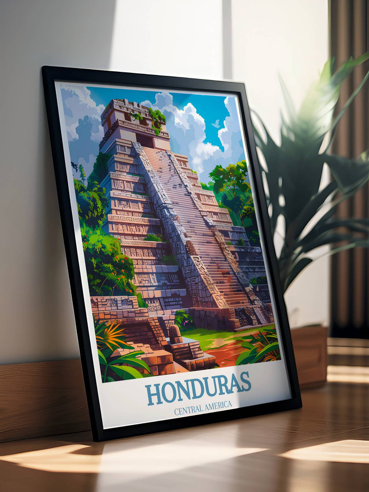 An elegant Honduras art print focusing on the intricate architectural details of a historic colonial building.