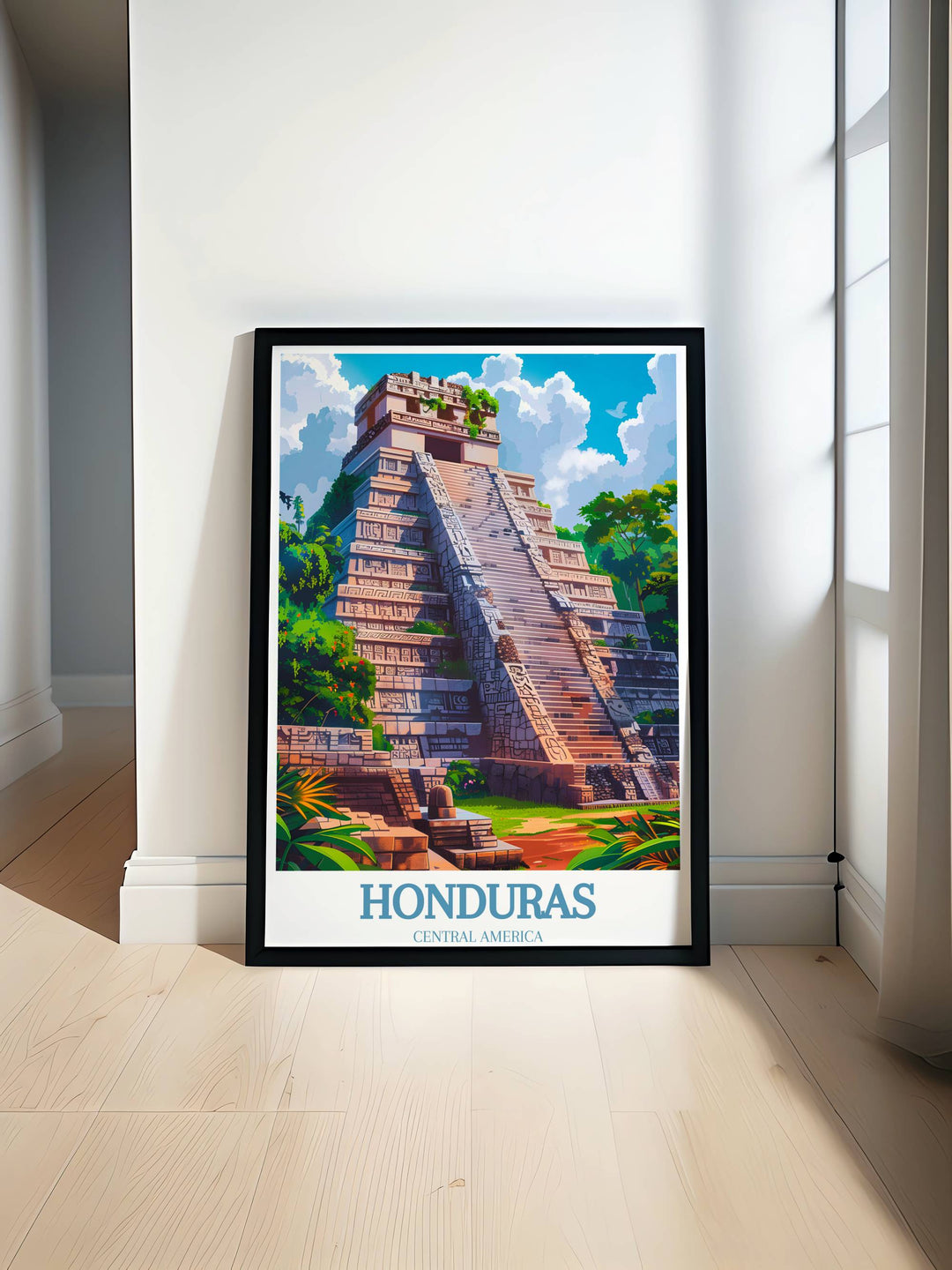 A vivid painting of Copan Ruinas showcasing detailed Mayan stelae and towering pyramids set against a deep blue sky.