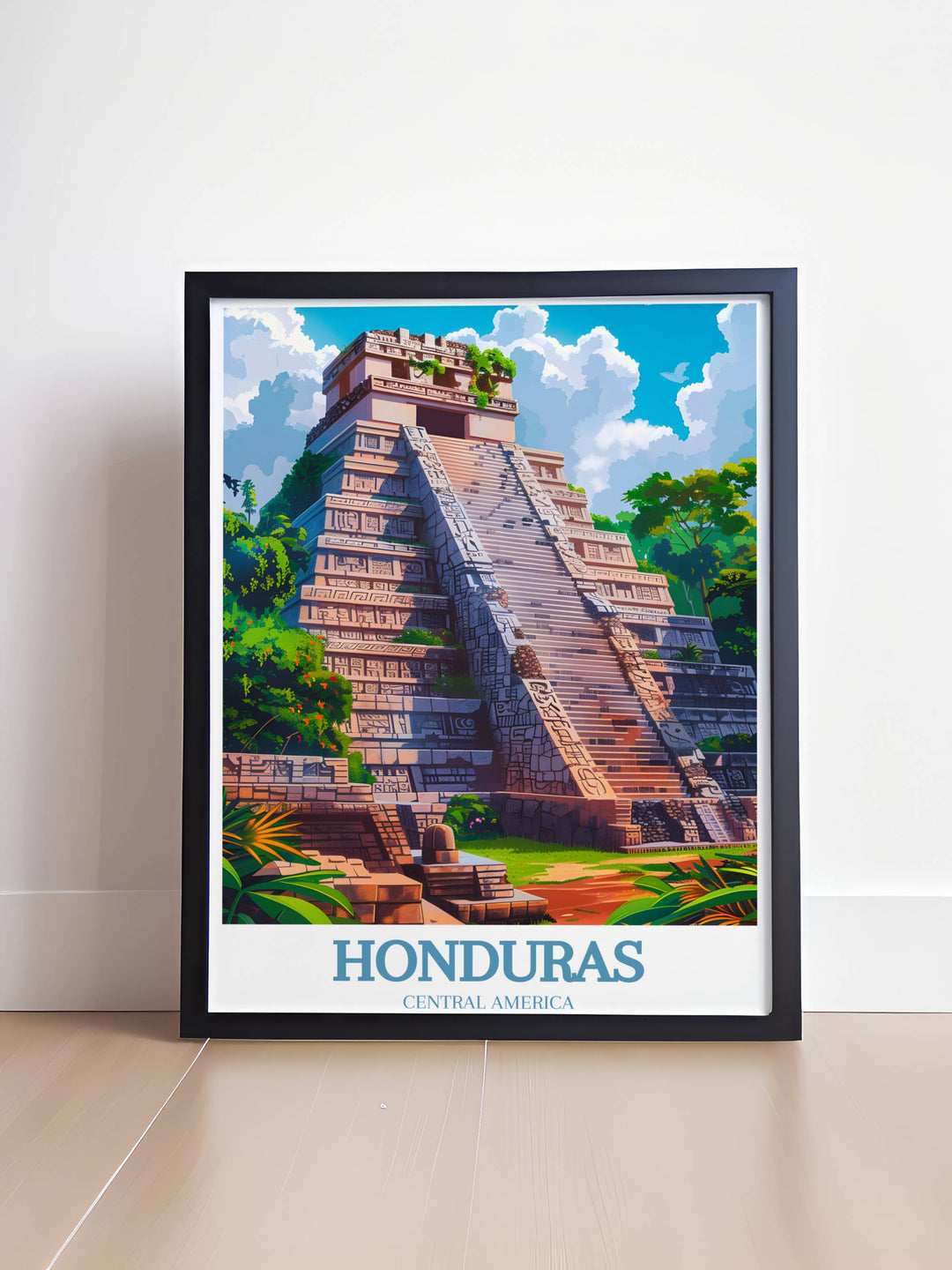 A colorful travel poster of West Bay, Honduras, featuring sunbathers and azure waters with a backdrop of lush palm trees.