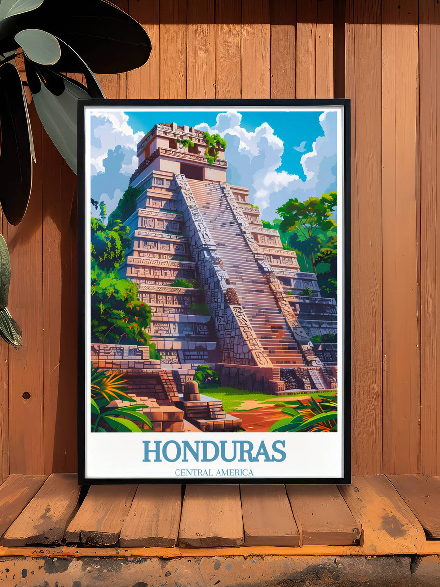 A scenic photo print of a serene Honduran landscape with rolling hills and a vibrant sunset casting warm hues.