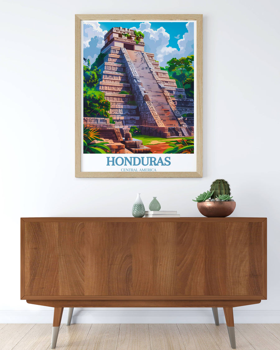 A striking Honduras artwork print depicting the rugged coastline with waves crashing against rocky cliffs.