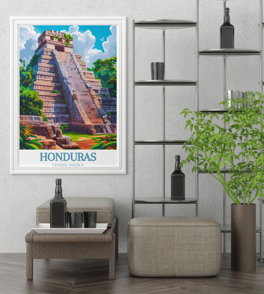 A dynamic Honduras travel poster highlighting the rich wildlife and dense rainforests of Central America.