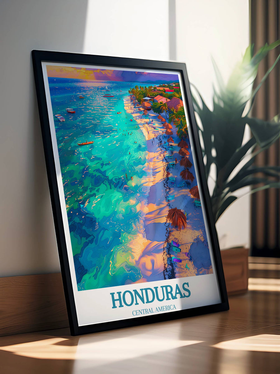 Artistic rendering of Roatan’s coral reefs, displaying an explosion of color and diverse marine life beneath the sea surface.