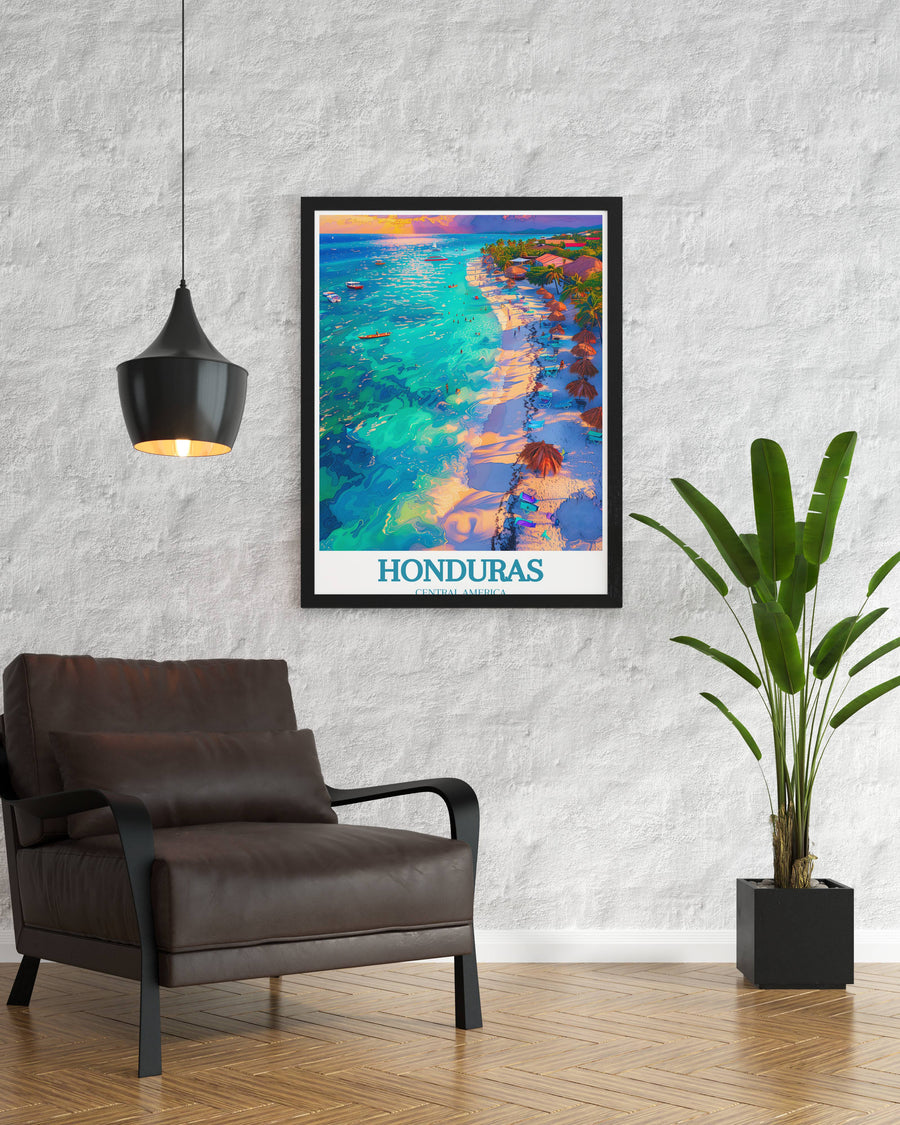 Framed Honduras beach poster with turquoise ocean, sunset sky, and &