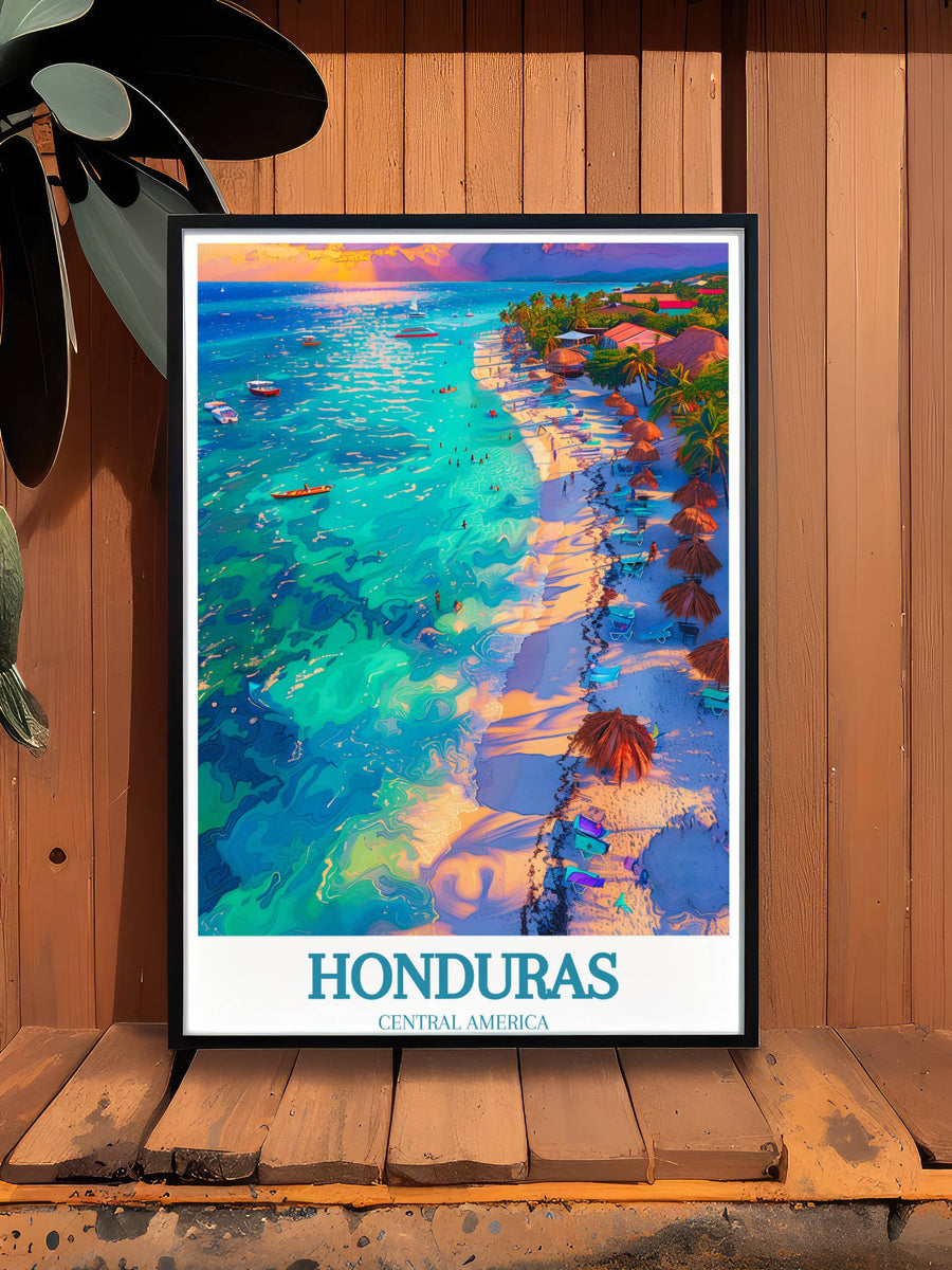 Framed Honduras beach poster with turquoise water, shoreline palms, and &