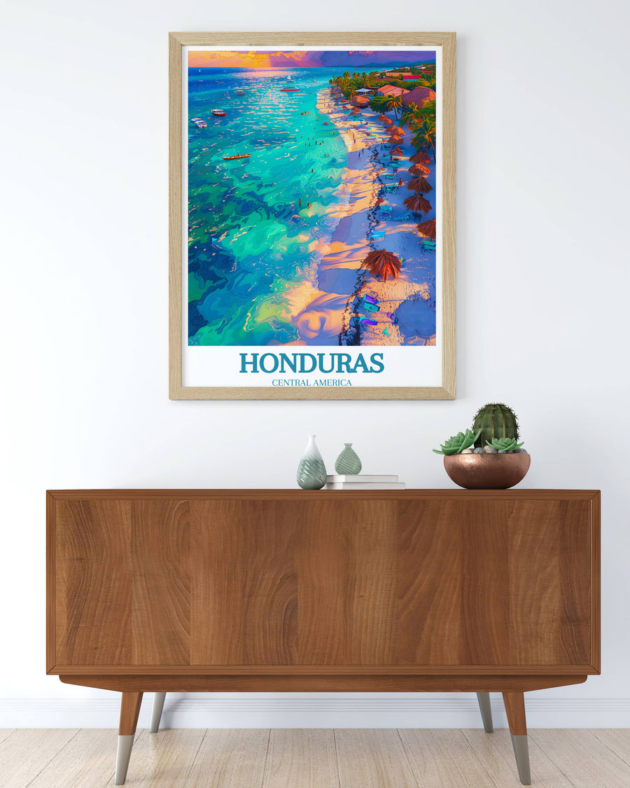 Detailed artwork of a traditional Roatan fishing boat bobbing on the clear blue waters, highlighting local maritime culture.