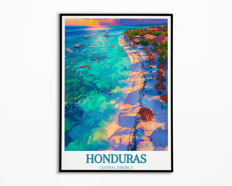 Framed Honduras beach poster with turquoise ocean, shoreline palms, and &