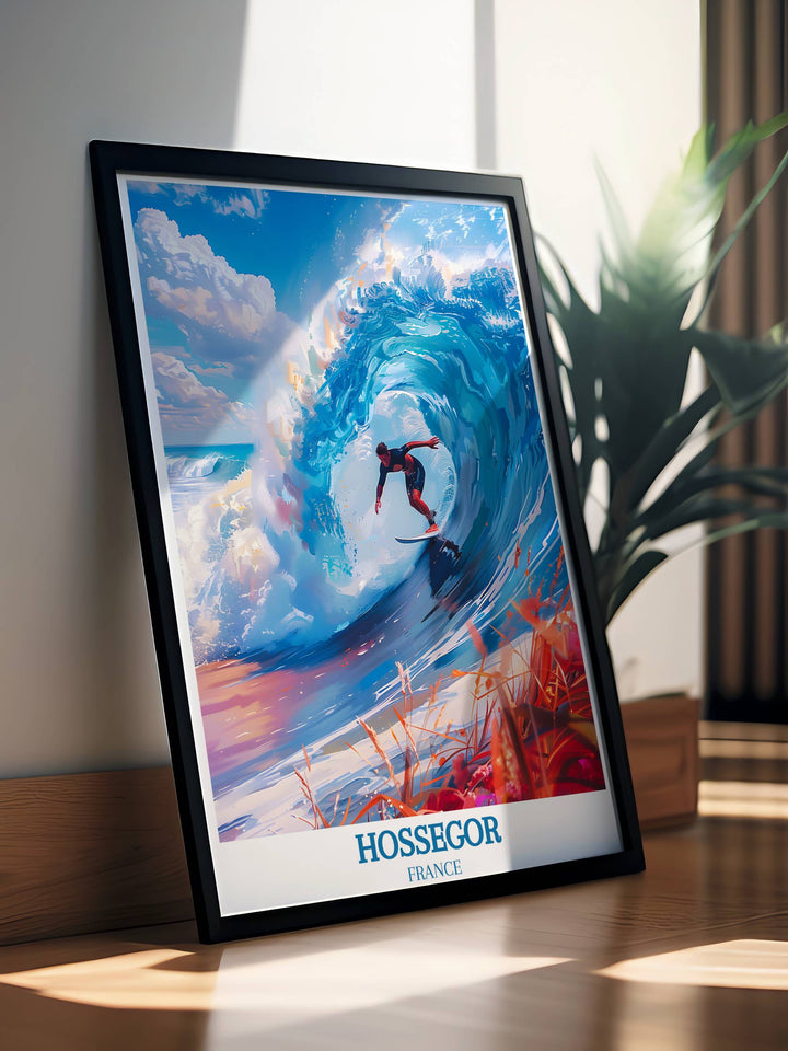 Hossegor Poster illustrating the lively street scenes and bustling boutiques, ideal for urban art lovers seeking to add vibrancy to their space.
