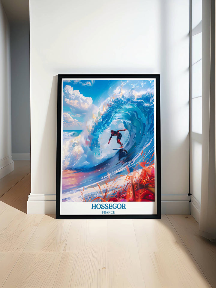 Vibrant Hossegor Travel Poster showcasing the iconic beaches and dynamic surfing culture of Landes, perfect for adding a touch of coastal France to your decor.