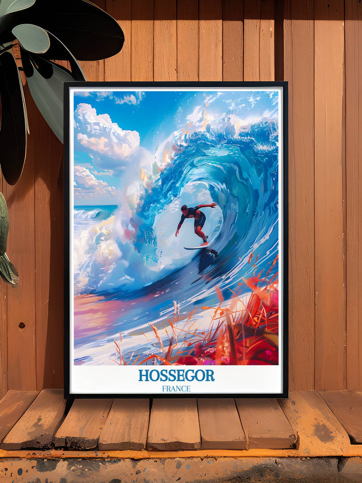 Colorful Hossegor Poster featuring surfers conquering towering waves, a captivating addition to any gallery wall or surf enthusiast's collection.