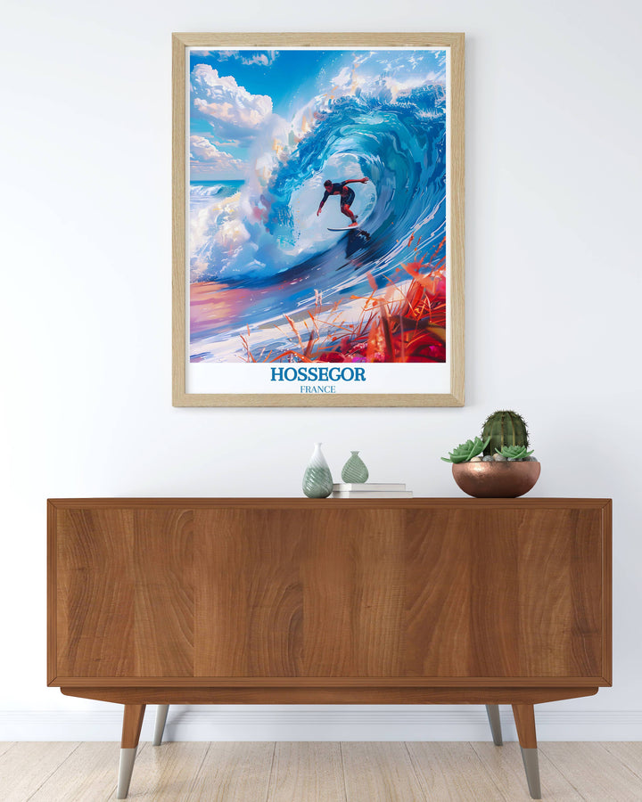 Artistic France Travel Poster of downtown Hossegor blending urban charm with the natural beauty of Landes, perfect for adding character to your space.