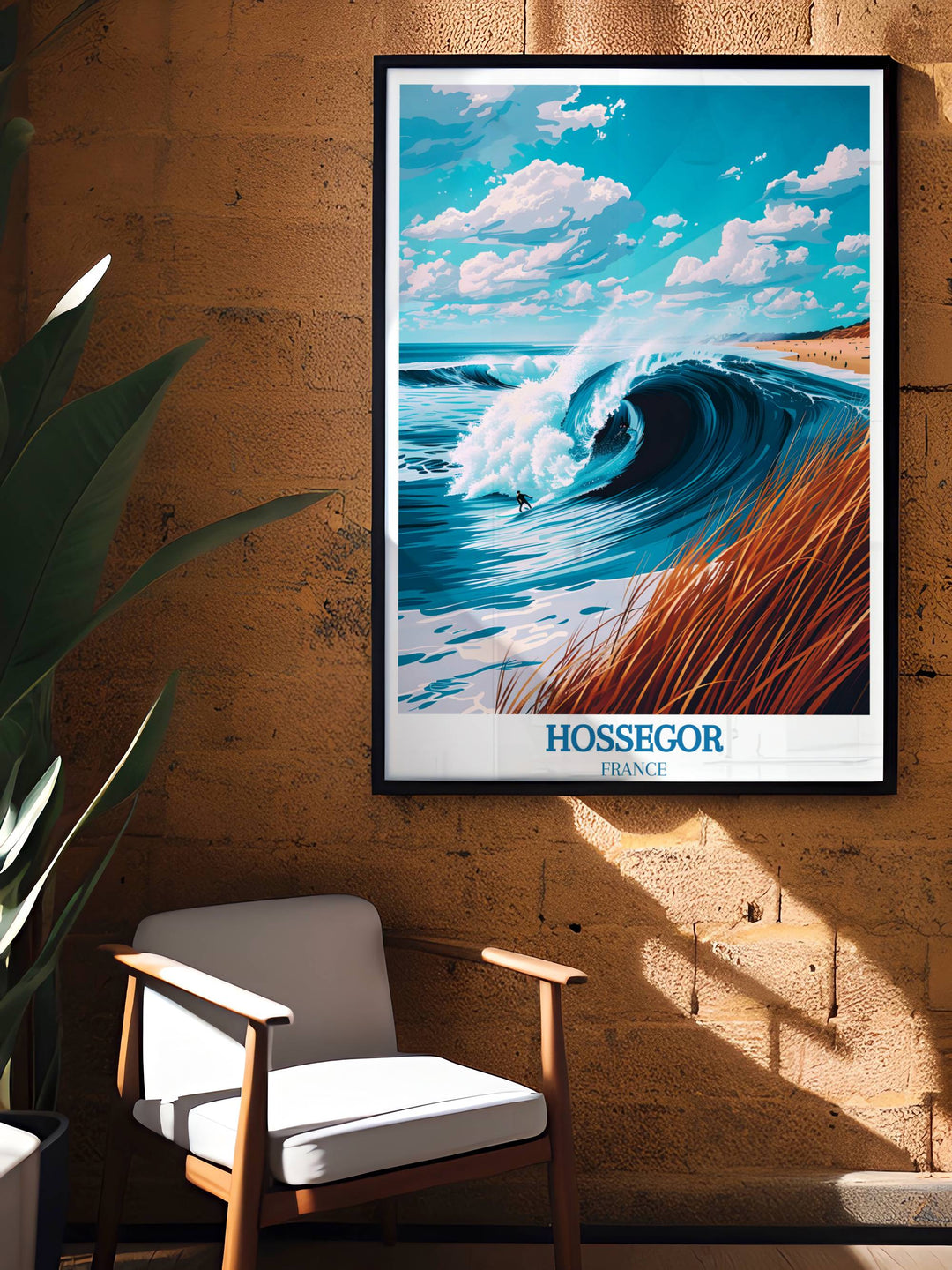 Colorful France Travel Poster showcasing the vibrant sunset over Hossegor beach, perfect for those who appreciate the beauty of coastal landscapes and vibrant skies.