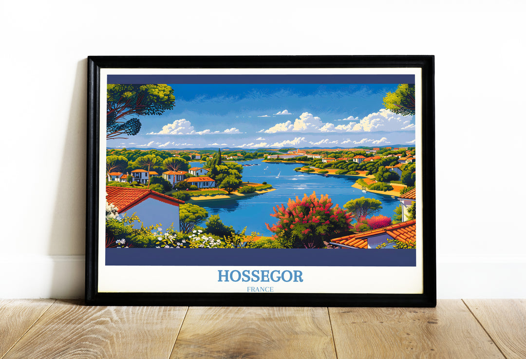 Vibrant Hossegor Travel Poster showcasing the iconic beaches and dynamic surfing culture of Landes, perfect for adding a touch of coastal France to your decor.