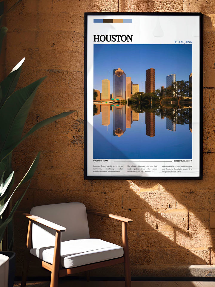 Elegant art print of Houstons downtown, focusing on architectural details and the contrast between historic buildings and modern skyscrapers.