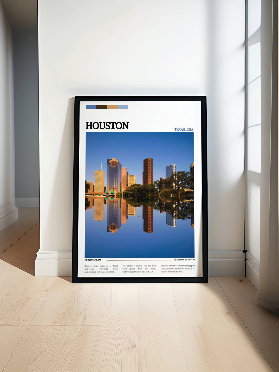 Panoramic Houston skyline poster with a wide view from Buffalo Bayou, showing the reflection of skyscrapers in the water, rendered in sharp, realistic details.