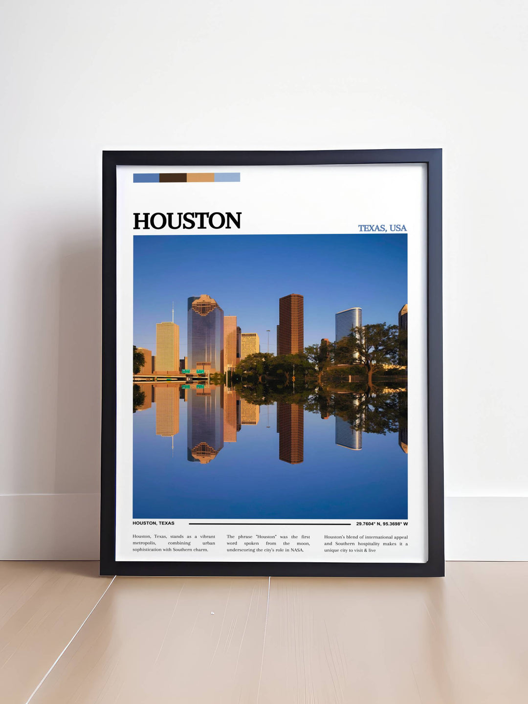 Colorful illustration of Houston featuring the Space Center as a central element, surrounded by green parks and busy streets, capturing the citys diversity.