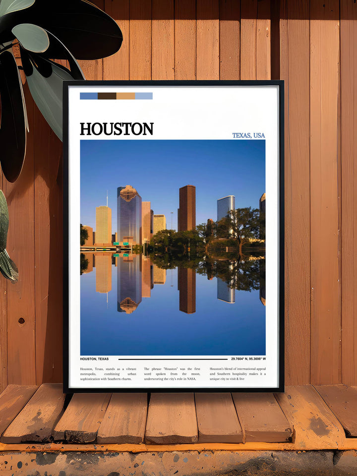 Contemporary Houston travel poster, incorporating abstract elements and vibrant colors to represent the citys energy and cultural fusion.