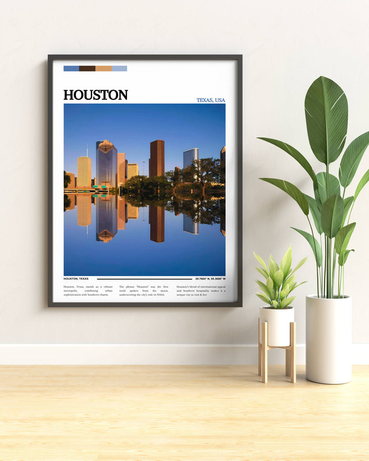 Detailed print of Houston at night, with lights from the buildings and streets forming a luminous network that illustrates the citys bustling nightlife.