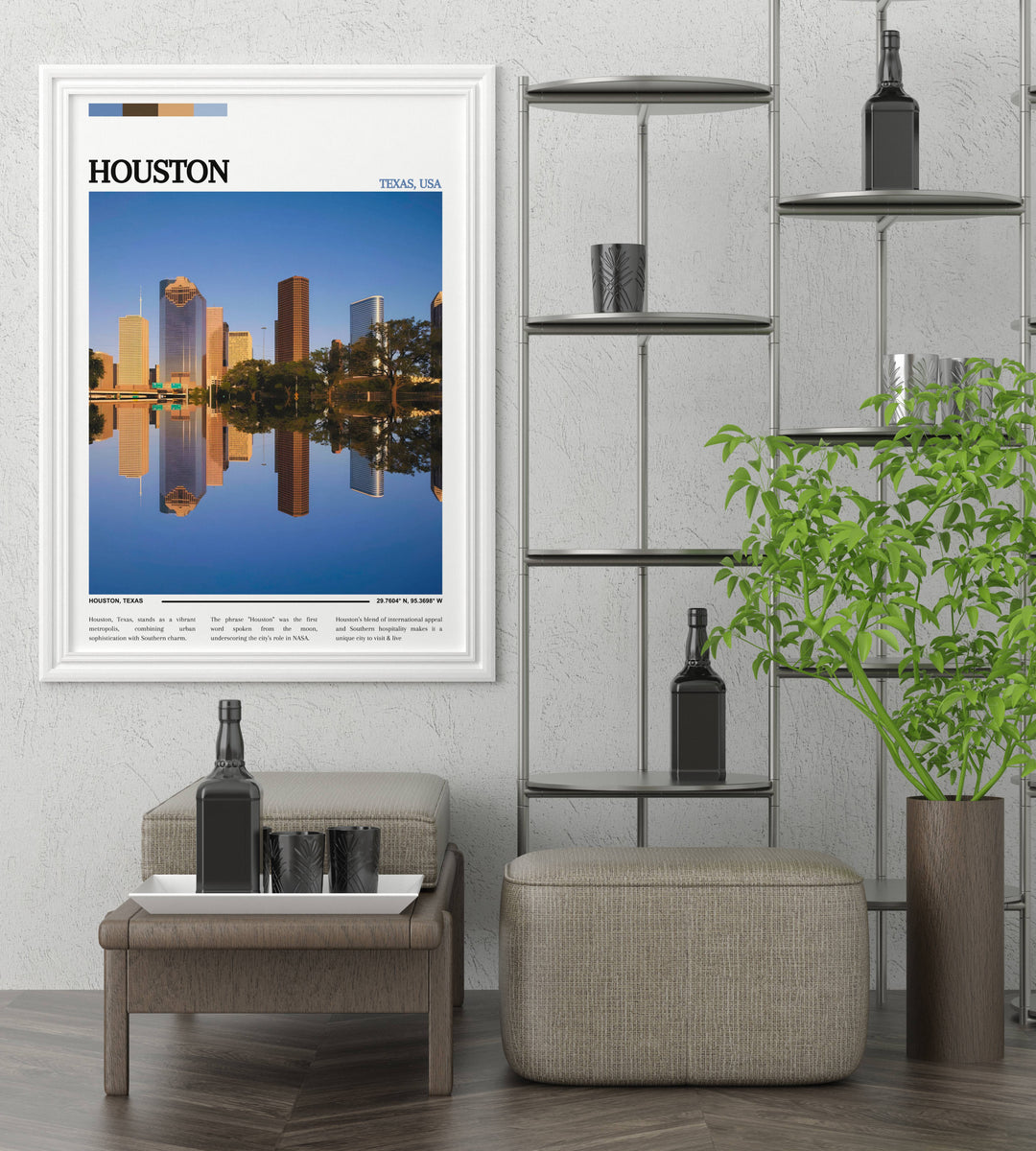 Modern Houston cityscape print, using bold lines and a minimalist black and white design to depict the silhouette of downtown buildings under a clear sky.