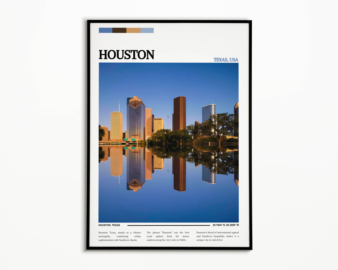 A vivid poster featuring the Houston skyline at sunset, with skyscrapers bathed in golden light against a purple sky, showcasing the citys dynamic architecture.