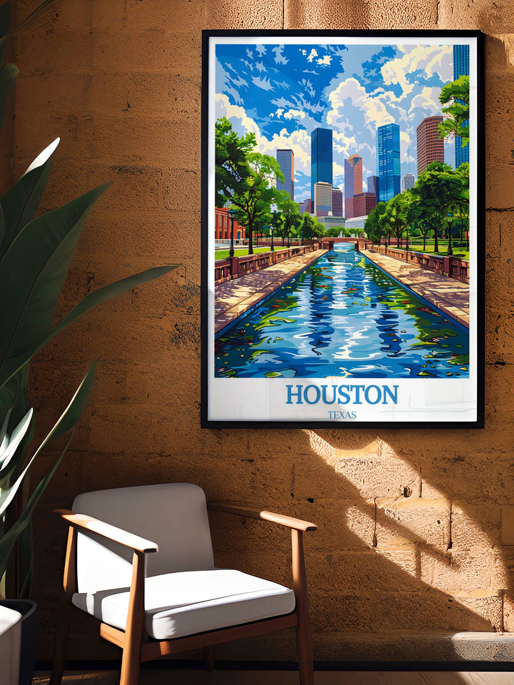 Vibrant and colorful art print of Houston, incorporating elements of Texas decor and symbols of the citys rich history and progress, making it a lively and educational piece for any wall.