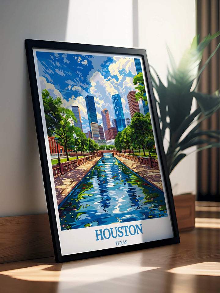 Nostalgic Houston souvenir poster designed with vintage motifs and classic typography, making it an ideal keepsake for those who hold dear memories of their time in the city.