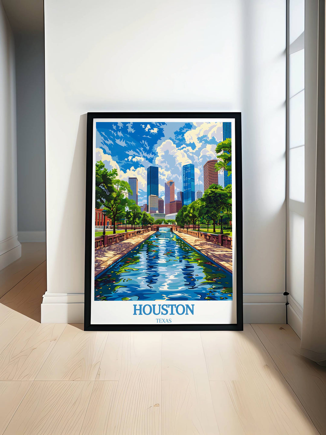 Vibrant illustration of Houstons skyline with distinct buildings highlighted in bright colors, perfectly capturing the citys dynamic and modern energy, ideal for those who appreciate urban aesthetics.