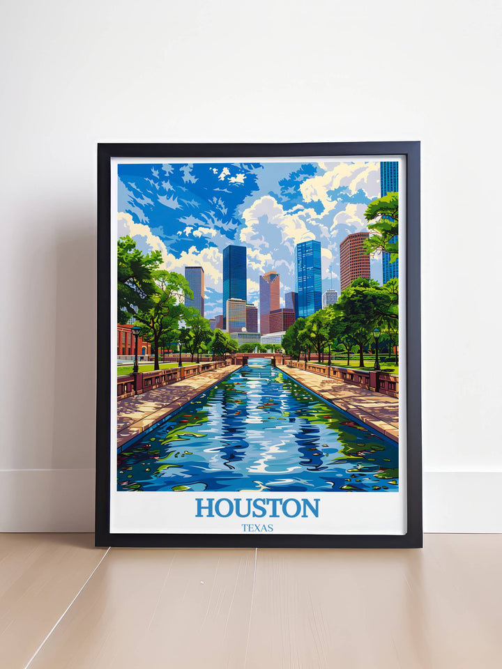 Texas decor print melding rustic elements with modern design to reflect Houstons diverse cultural heritage, ideal for adding a touch of Texan flair to any living space or office.