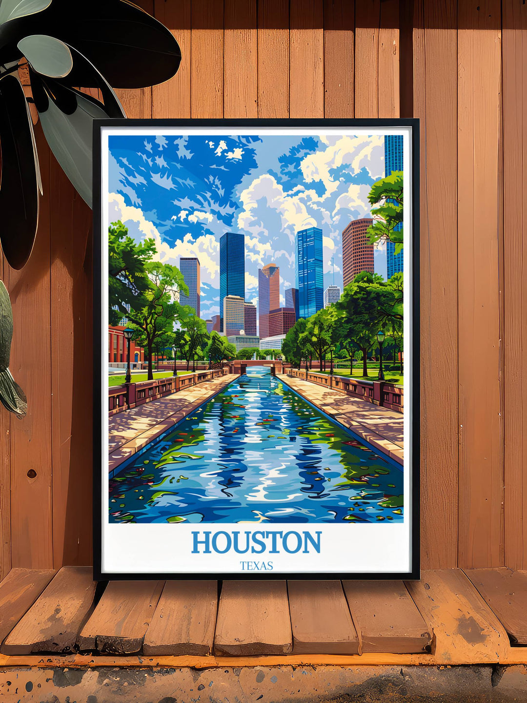 Housewarming gift idea: a beautifully framed Houston Texas Travel Print, depicting iconic scenes from around the city, perfect for new homeowners or as a memorable gift.