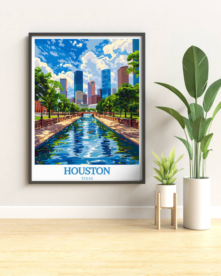 Artistic representation of Houstons urban scene, using watercolors to delicately highlight the harmonious blend of nature and architecture in the cityscape, perfect for art lovers.