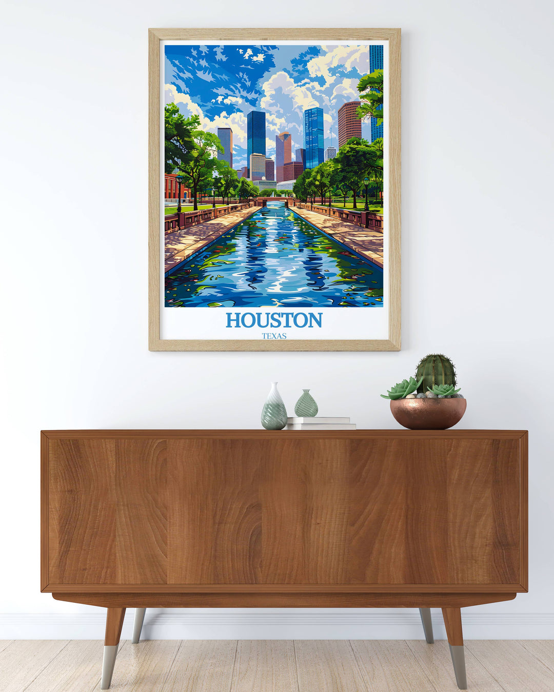 Minimalist Houston print with clean lines and a monochrome palette that focuses on the citys architectural elegance and simplicity, ideal for modern and contemporary spaces.