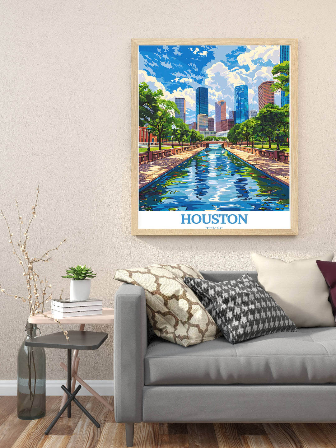 Houston travel poster featuring a panoramic view of the city from a high vantage point, great for inspiring wanderlust and city pride, and serving as a captivating wall centerpiece.