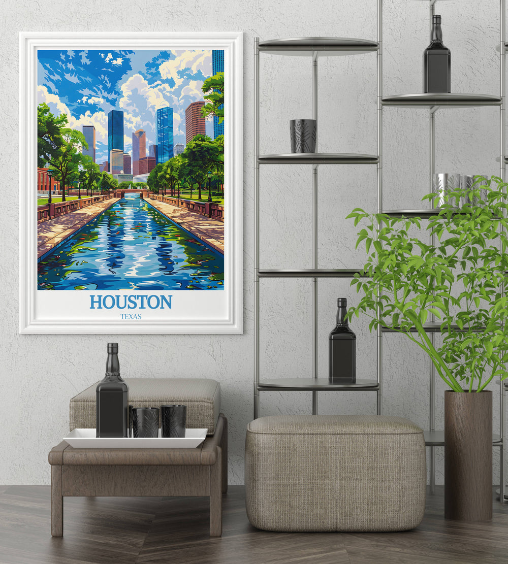 Detailed travel print of Houston, Texas, showcasing key landmarks and attractions, perfect for decorating a home or office with a piece that embodies the citys vibrant culture and architectural beauty.