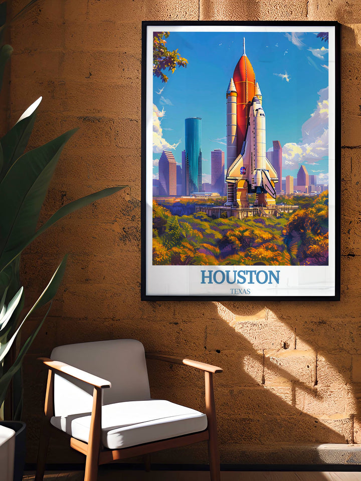 Detailed travel print of Houston, Texas, showcasing key landmarks and attractions, perfect for decorating a home or office with a piece that embodies the citys vibrant culture and architectural beauty.