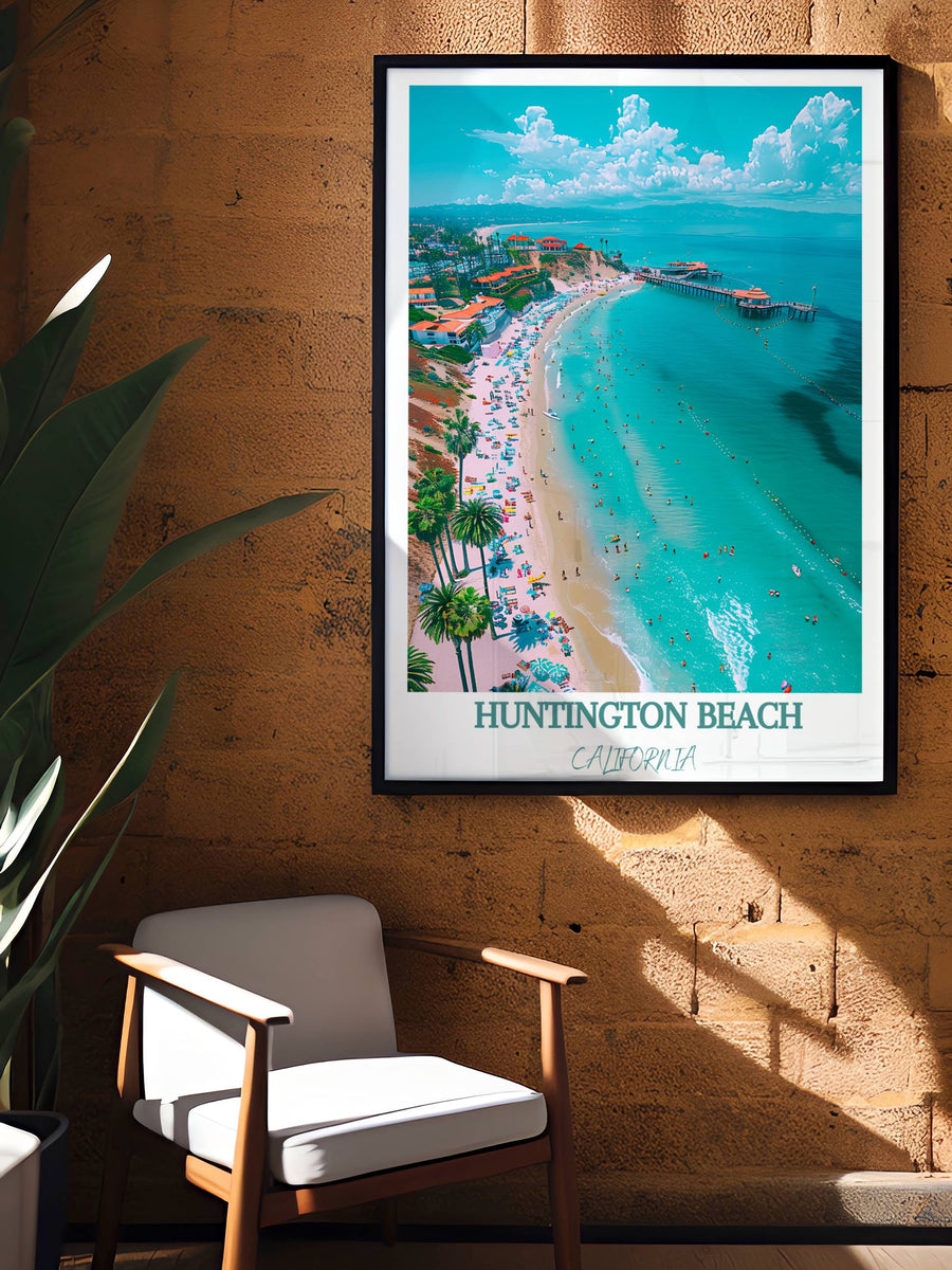 Framed Huntington Beach beachscape print with turquoise water and shoreline in black frame