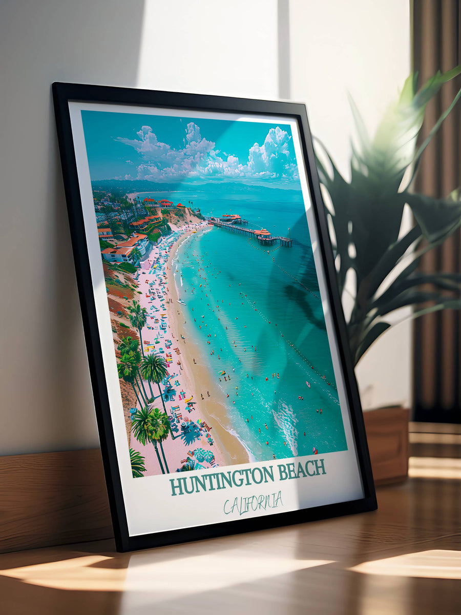 Framed Huntington Beach wall art with ocean, beach walkway, and blue sky in black frame