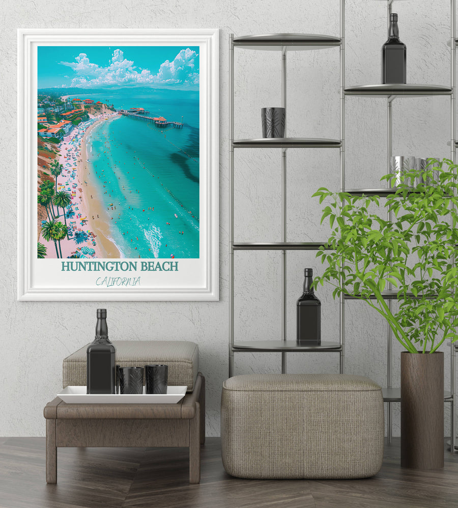 Framed beach shoreline wall art with turquoise water and sandy beach, white frame