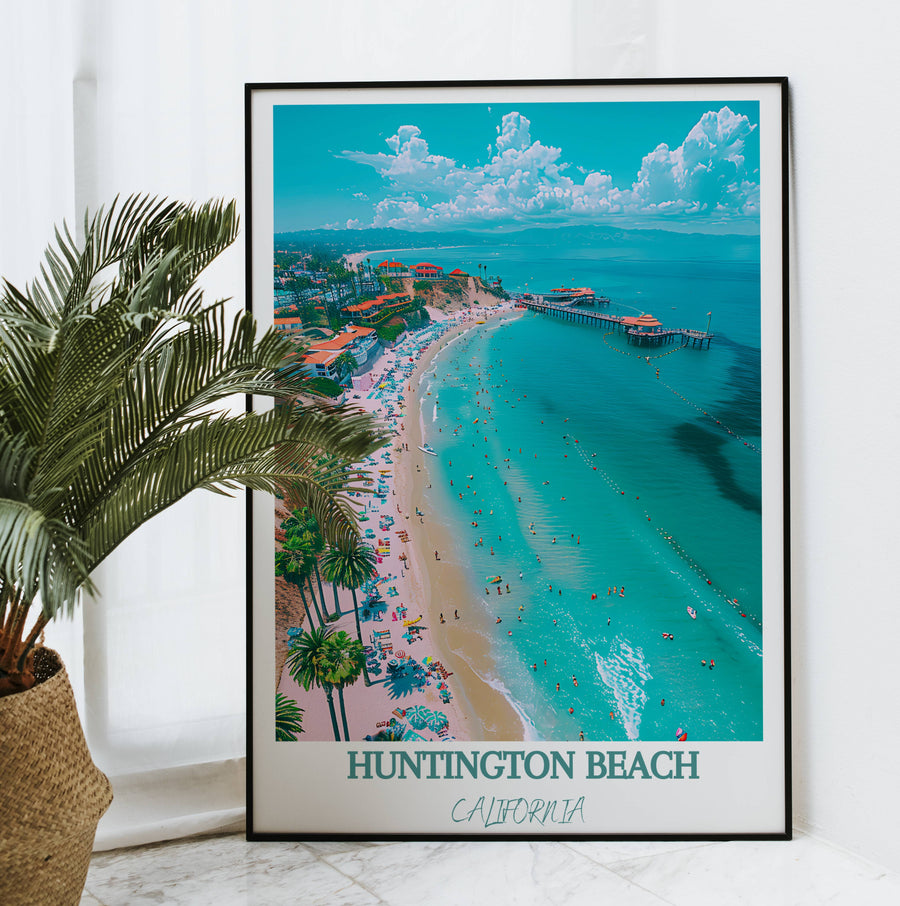Framed beach shoreline wall art with turquoise coastline, sandy beach, black frame