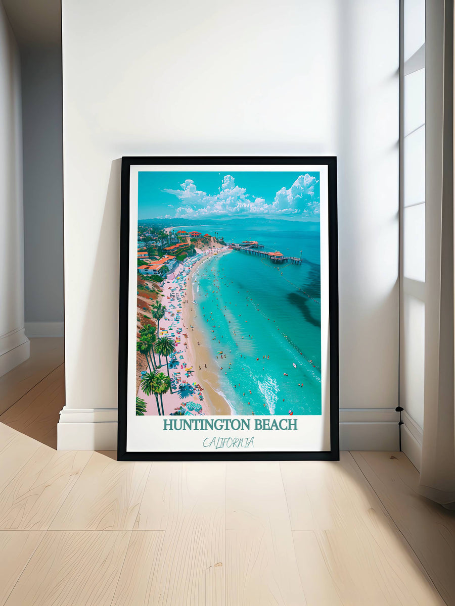 Framed beach shoreline wall art with turquoise water and sandy coast, black frame