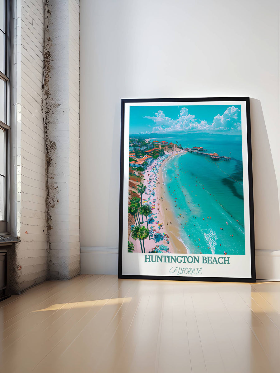 Framed beach shoreline wall art with turquoise water and harbor boats, black frame